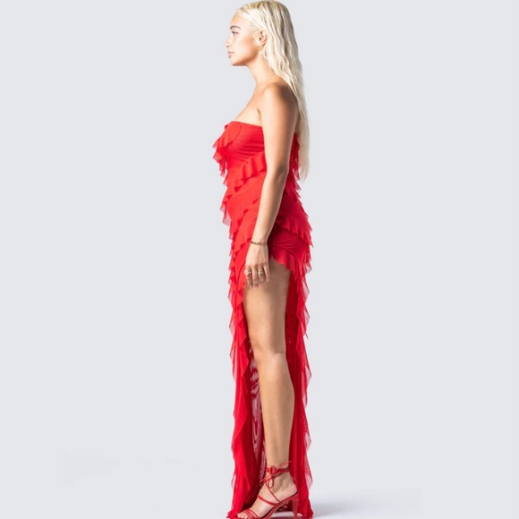 Red Mesh Ruffle Maxi Dress - Picture 6 of 8